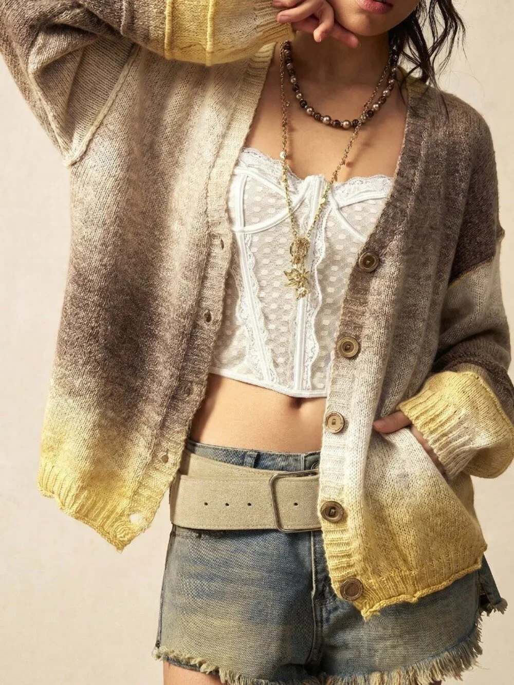 Champagne Casual Women's Gradient Deep V-Neck Knit Cardigan
